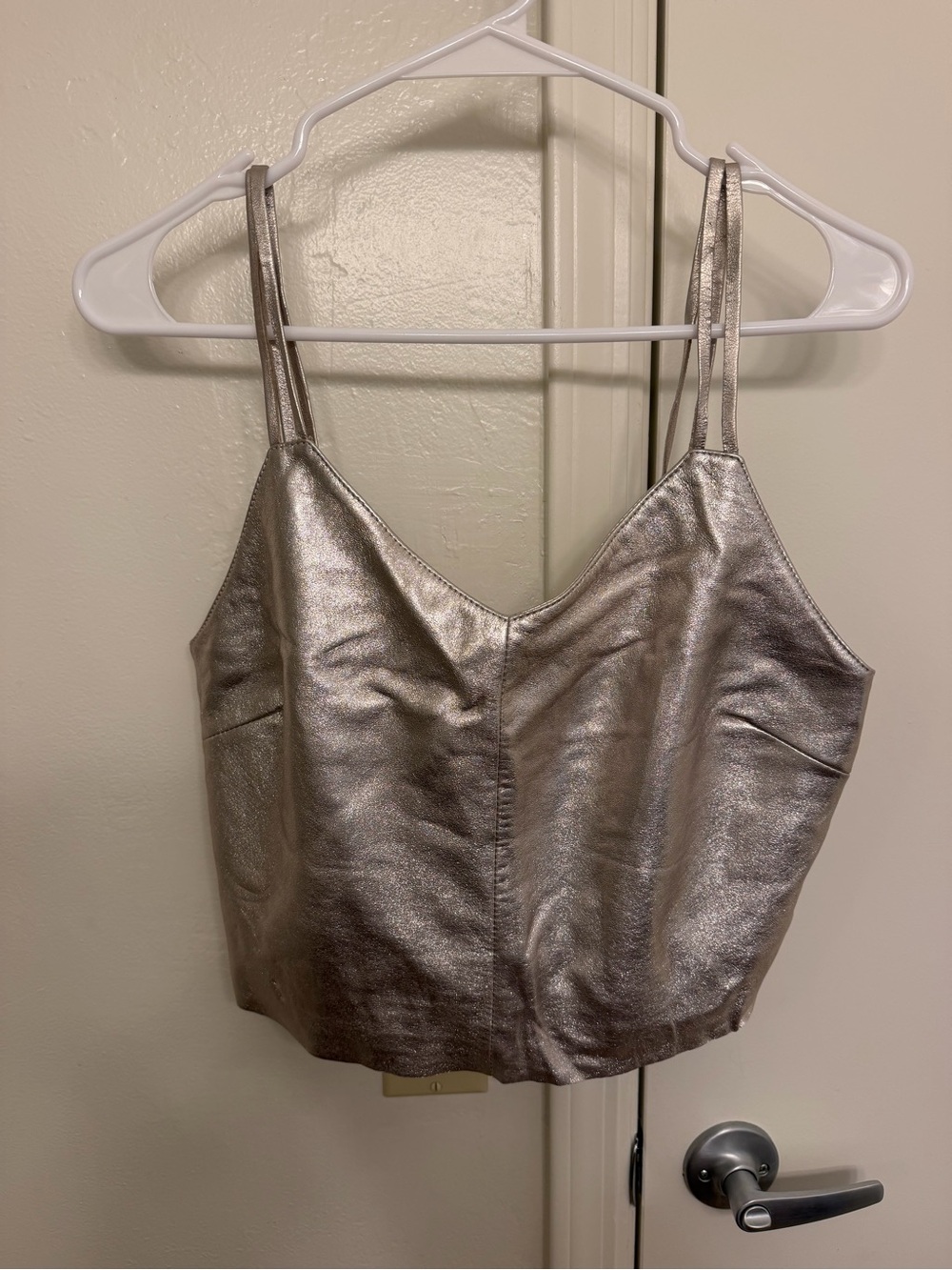 Walter Baker Metallic Silver V-Neck Lamb Leather Cropped Cami Women’s Small